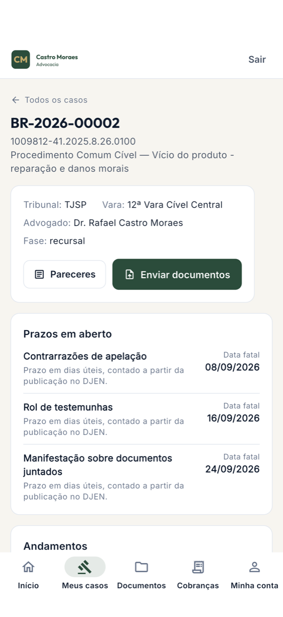 Detalhe de um caso com os andamentos públicos