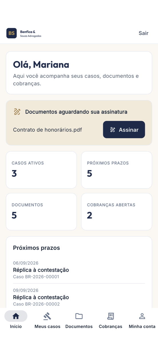 Início do app: casos, prazos, documentos e cobranças do cliente