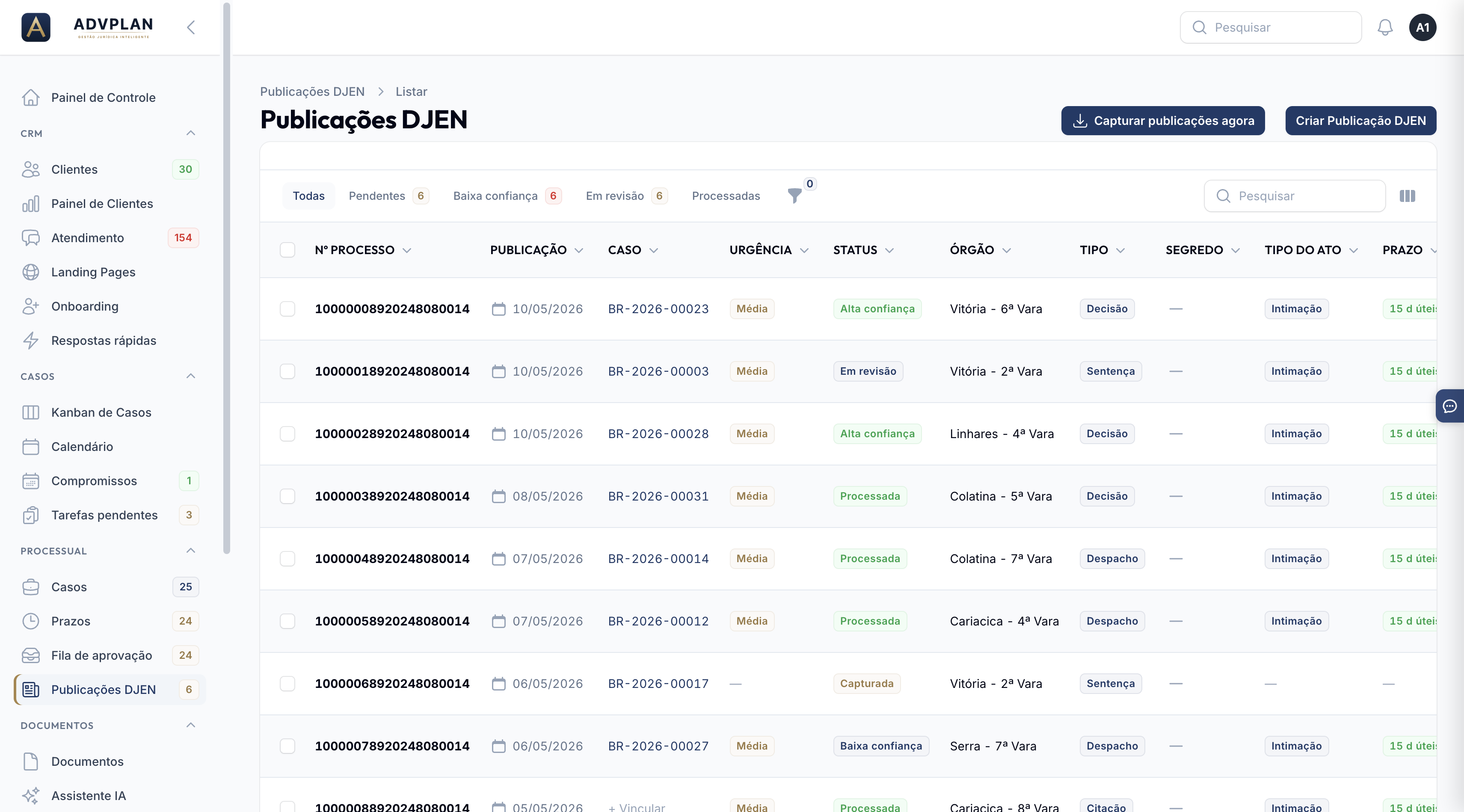 Lista de publicações do DJEN com classificação por IA
