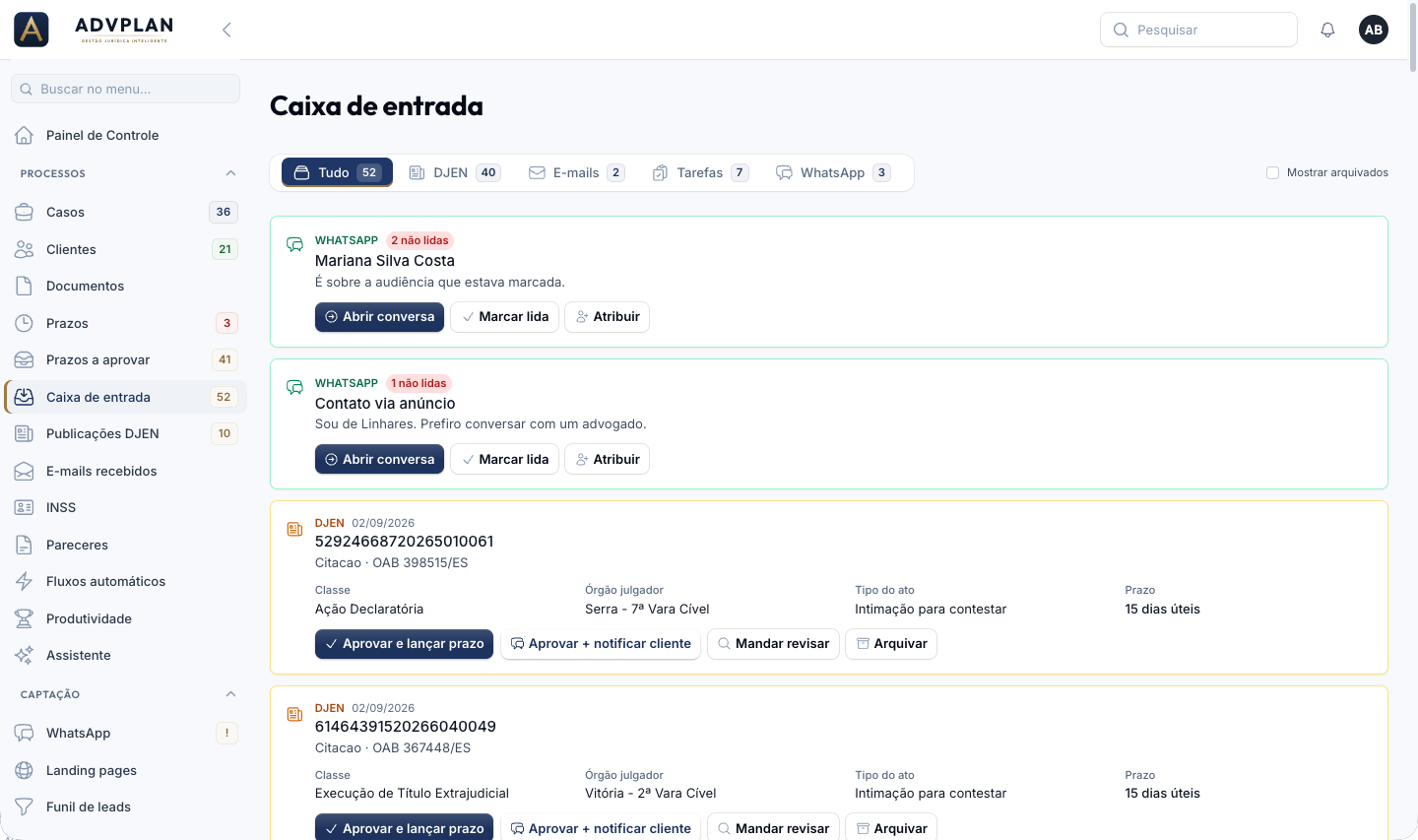 Caixa de entrada unificada com conversas de WhatsApp e publicações do DJEN