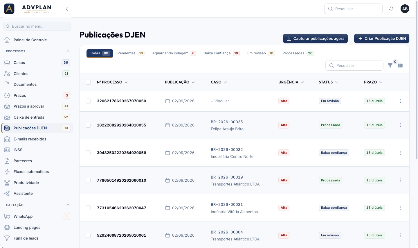 Lista de publicações capturadas do DJEN com urgência, status e prazo lido pela IA